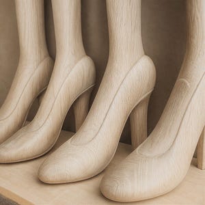 May include: A series of light-colored wooden high-heeled shoes with a visible natural grain pattern. Each shoe features a closed-toe design, a rounded front, and a sturdy heel, all carved from a single piece of wood with a smooth, uniform finish.