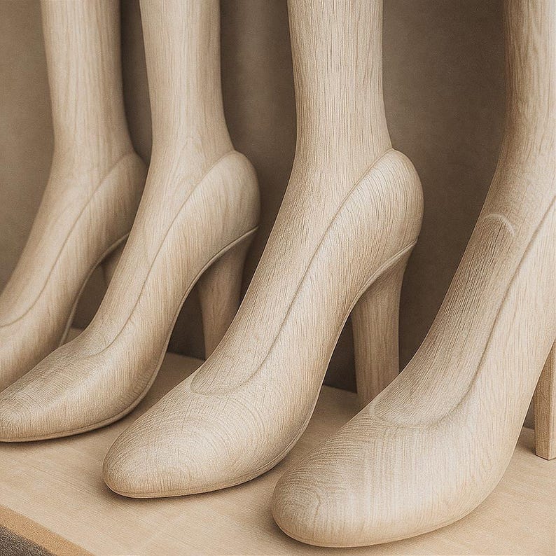 May include: A series of light-colored wooden high-heeled shoes with a visible natural grain pattern. Each shoe features a closed-toe design, a rounded front, and a sturdy heel, all carved from a single piece of wood with a smooth, uniform finish.