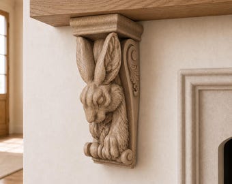 Houten consolebeugel in de vorm van een konijnenkop