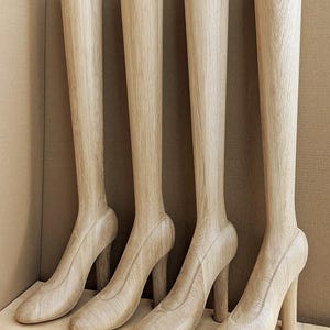 May include: Four tall, light-colored wooden leg forms shaped like high-heeled shoes. Each piece features a smooth, natural wood grain texture, a rounded toe, a sturdy block heel, and a long, slender calf section extending upward in a vertical line.