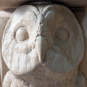 Op de afbeelding: Close-up van een houten uilensculptuur met gedetailleerde houtsnijwerk. De ogen van de uil zijn groot en rond, en zijn snavel is puntig. Het beeld is gemaakt van licht hout en heeft een gladde afwerking.