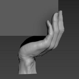 May include: A three-dimensional digital sculpture of a gray hand in a cupped position, extending upward to support a flat, rectangular gray surface. The rendering features smooth, matte textures and defined anatomical details on the fingers and wrist.