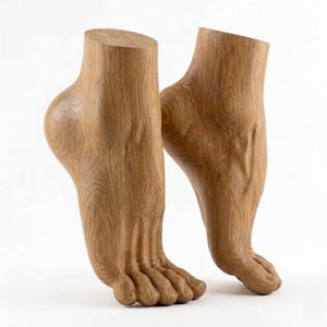 Op de afbeelding: Twee houten sculpturen van voeten, elk met gedetailleerde gravures van tenen, bogen en enkels. De sculpturen zijn gemaakt van lichtbruin hout, dat de natuurlijke nerf en textuur laat zien. De voeten zijn gepositioneerd alsof ze lopen.