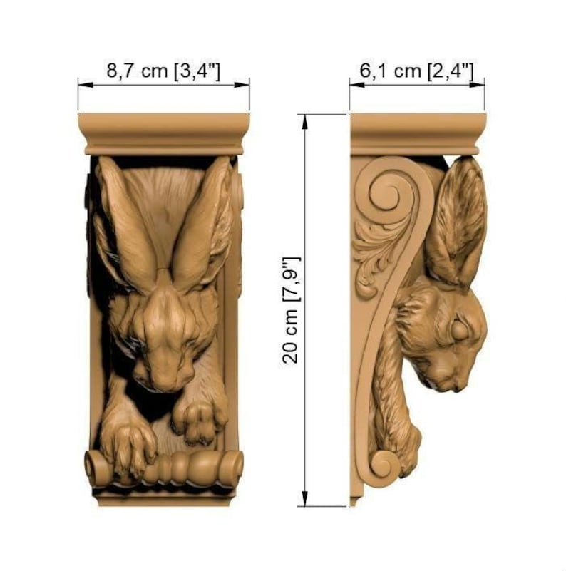May include: Two beige-coloured, carved wooden corbels, each featuring a rabbit design. The corbels are 20 cm tall, 8.7 cm wide, and 6.1 cm deep. The rabbit is depicted with detailed fur and facial features.