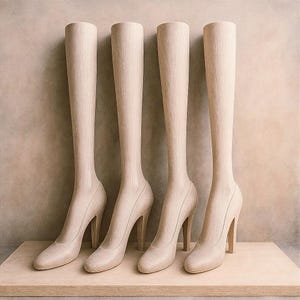 May include: Four light-colored wooden leg forms shaped like high-heeled shoes. Each form features a smooth, vertical grain texture, a rounded toe, and a sturdy heel. The leg sections are tall and slender, standing upright in a row on a flat surface.