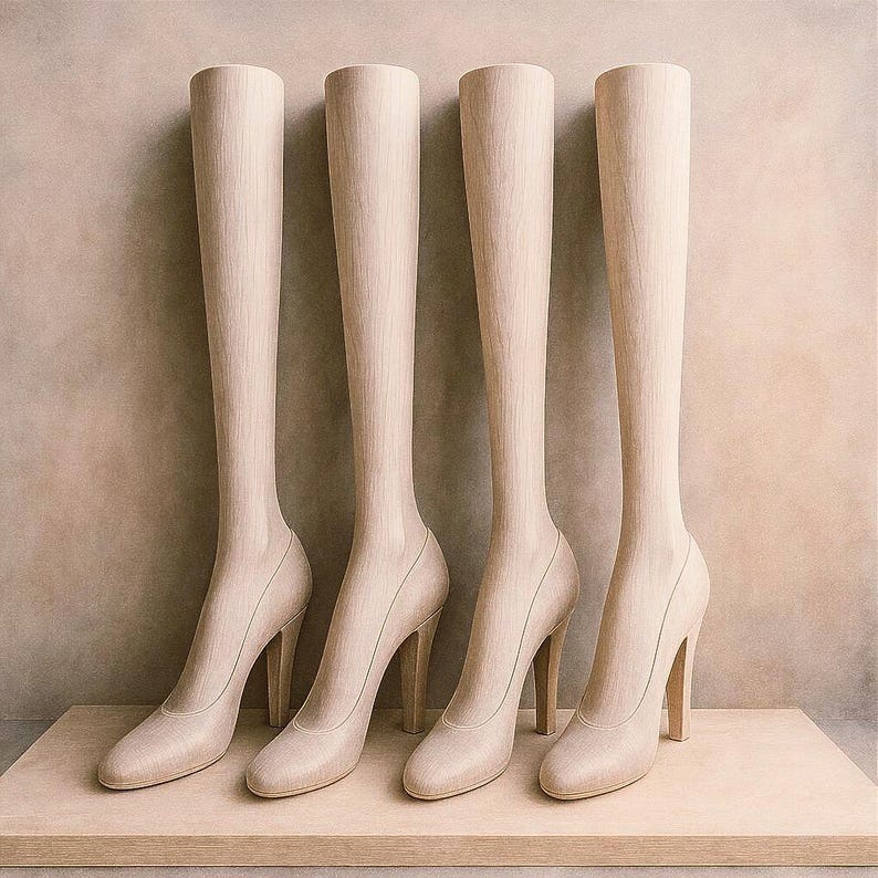 May include: Four light-colored wooden leg forms shaped like high-heeled shoes. Each form features a smooth, vertical grain texture, a rounded toe, and a sturdy heel. The leg sections are tall and slender, standing upright in a row on a flat surface.