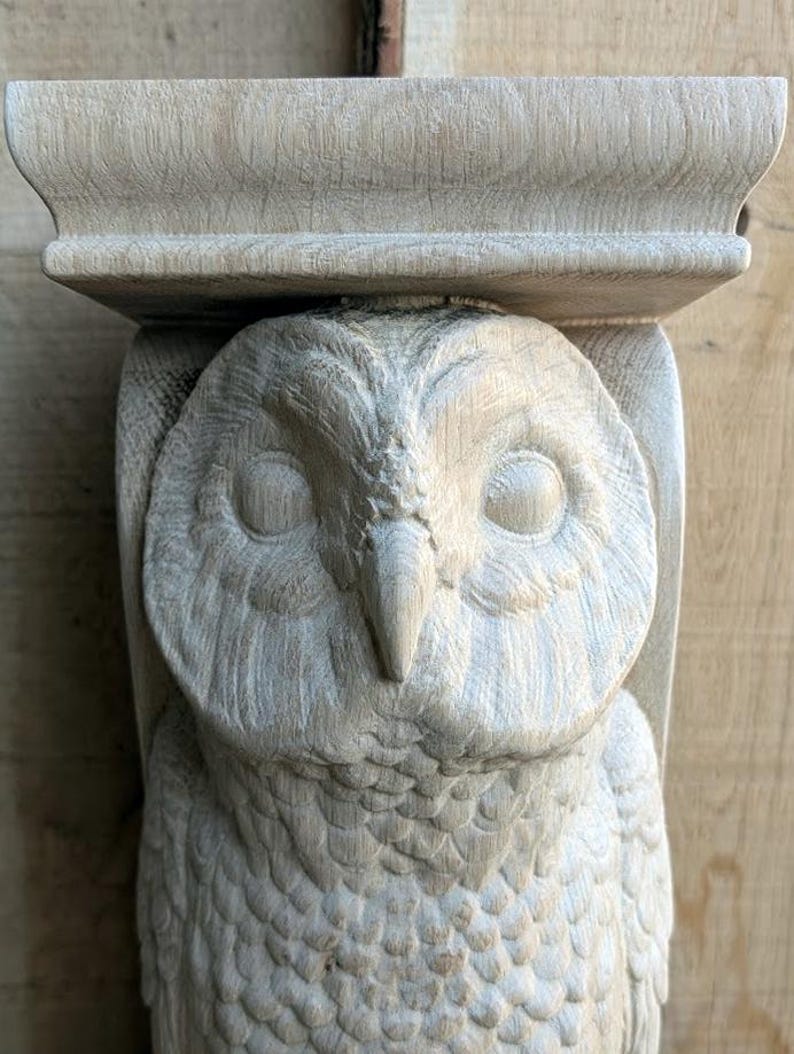 Op de afbeelding: Een gebeeldhouwde houten uil met een plank erboven. De uil is gedetailleerd met veren en heeft een realistisch uiterlijk.