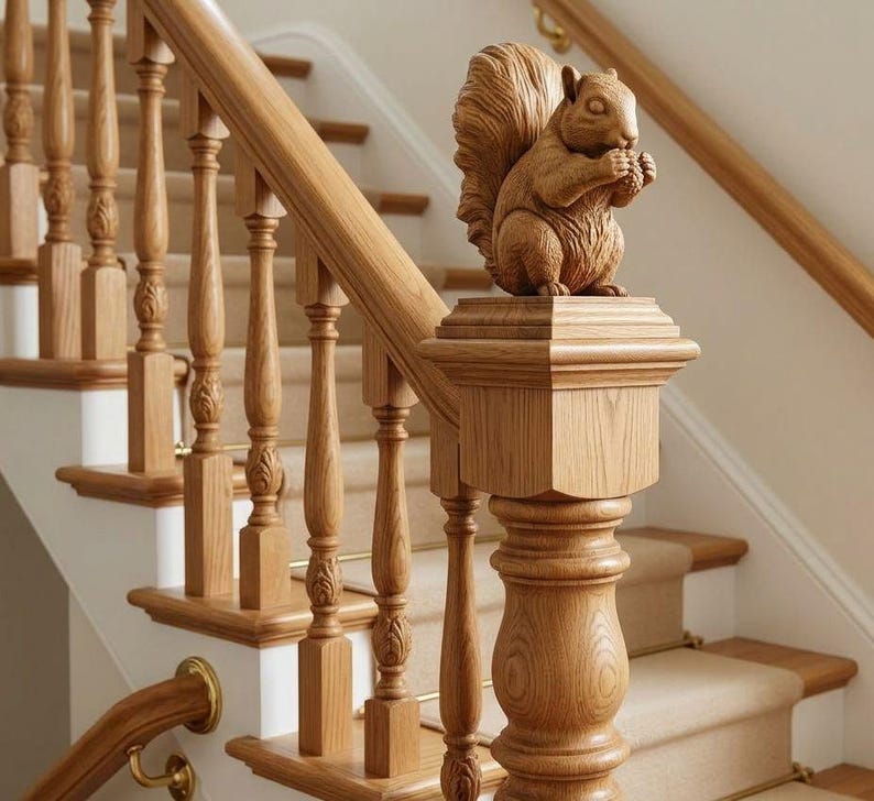 Squirrel Newel Post Finial in Unpainted Oak image 4