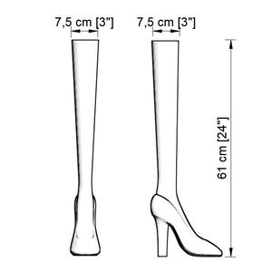 May include: A black and white line drawing of a high-heeled boot shown from the front and side. The top opening measures 3 inches in diameter, and the total height of the boot from the heel to the top is 24 inches, as indicated by labels.