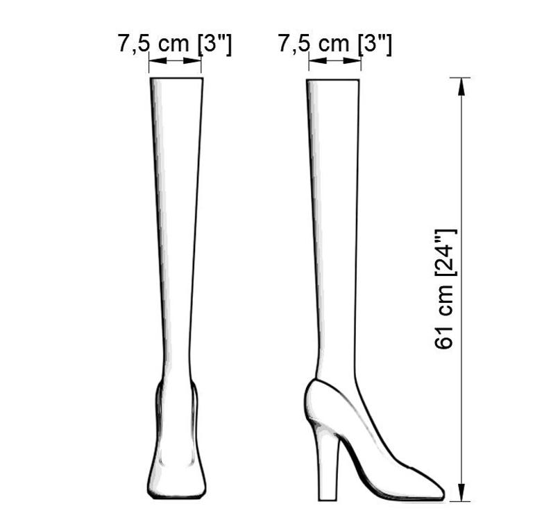 May include: A black and white line drawing of a high-heeled boot shown from the front and side. The top opening measures 3 inches in diameter, and the total height of the boot from the heel to the top is 24 inches, as indicated by labels.