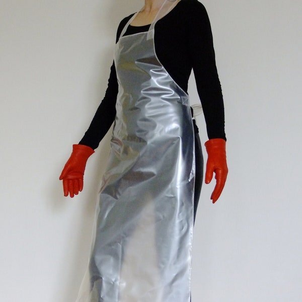 Extra Long (48" / 122cm) Shiny PVC Apron, Pearly Semi Clear White Plastic, Unisex Style, One Size, Overall, Pinny, tie back.