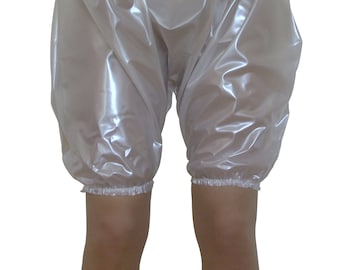 Sous-vêtements style bloomer en PVC : pantalon ample en plastique brillant pour hommes, femmes en vinyle transparent brillant blanc nacré
