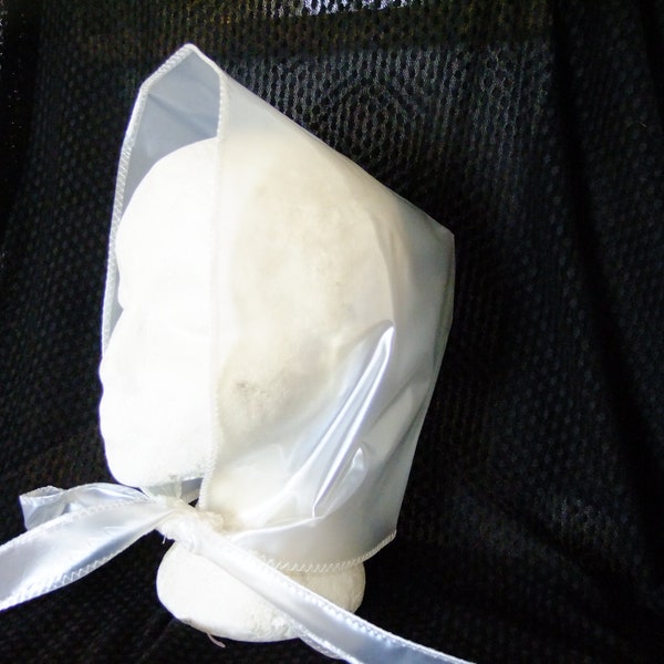 PVC Shiny Rain Bonnet, Hood, Hat, Rainhat / Cap. Pearly White Plastic, Semi Clear, Outdoorwear, Roleplay, Sissy Maid.