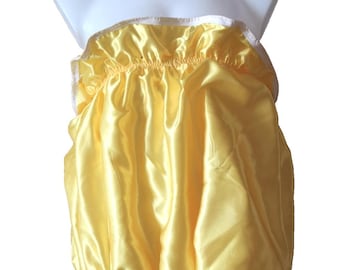 Shiny Yellow Satin Big Knickers – PVC Lined High Side Briefs, UK Made
