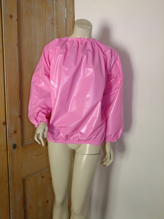 Sissy Pink PVC Top: Long Sleeve Vinyl T-Shirt in Crisp Plastic