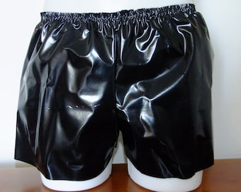 Boxer en PVC noir pour homme : short en vinyle à taille élastique, S/M