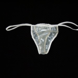 Clear PVC Panties Crisp Vinyl Mini Briefs Pearly Shiny Tanga Style Bikini Pants for Sissies and Roleplay. Loose Fit