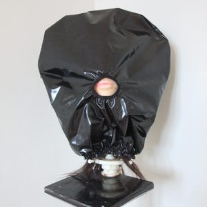 Black PVC Mask - Roleplay Plastic Hood with Mouth - Enclosure Subspace Vinyl