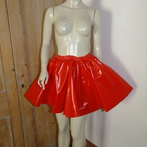 Red PVC Skater Skirt: Shiny Plastic Mini, Elastic Waist (XL/XXL)
