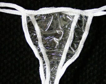May include: Clear plastic underwear with white elastic trim. The underwear is see-through and has a simple design.