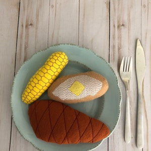 Steak Dinner Felt, Felt Corn on Cob, Felt Baked Potato, Pretend Food, Felt Food, Play Restaurant Food, Play Kitchen Food
