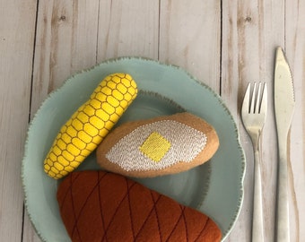 Steak Dinner Felt, Felt Corn on Cob, Felt Baked Potato, Pretend Food, Felt Food, Play Restaurant Food, Play Kitchen Food