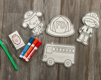 Reusable Coloring Page, Coloring Doll, Dry Erase Coloring Doll, Fireman Coloring Page, Wipe Clean Coloring, Travel Coloring, Party Favor