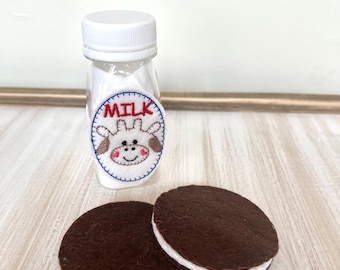 Felt milk and chocolate cookie, felt chocolate sandwich cookie, cream filled chocolate wafer cookie felt, play milk bottle