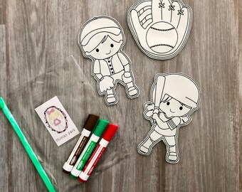 Reusable Coloring Page, Coloring Doll, Dry Erase Coloring Doll, Baseball Coloring Page, Wipe Clean Coloring, Travel Coloring, Party Favor