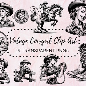 Vintage Cowgirl Clip Art Bundle, 9 Western PNGs Bundle, Retro Cowgirl png, Digitaler Download Clip Art, trendige Clipart, Country Western png