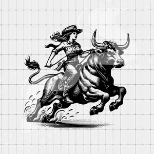 Cowgirl Riding Bull PNG, Retro Cowgirl Clip Art, Digital Download, Vintage Bullriding png, Country Western Sublimation Cowboy Rodeo png