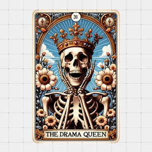 La carta del tarot de la reina del drama PNG, divertido gráfico de meme esqueleto retro imprimible, diseño de vaina, imágenes prediseñadas de moda, carta de tarot vintage sarcástica png