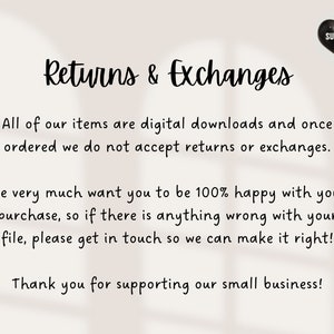 May include: A cream-colored graphic with the text "Returns & Exchanges". The text explains that all items are digital downloads and not eligible for returns. It also encourages customers to contact the seller with any issues. A black heart with "SUPER NU" is in the upper right corner.