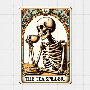 The Tea Spiller Tarot Card PNG, divertido gráfico de meme esqueleto retro imprimible, diseño POD, imágenes prediseñadas de moda, carta de tarot vintage sarcástica png