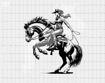 Op de afbeelding: Zwart-wit illustratie van een cowgirl op een steigerend paard. De cowgirl draagt een cowboyhoed, overhemd en jeans, en houdt de teugels vast. Het paard steigerd, met zijn voorpoten in de lucht.