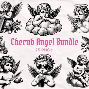 Puede incluir: Un conjunto de 25 ilustraciones digitales en blanco y negro de querubines, o ángeles bebés, en varias poses. Los querubines se representan con alas, halos y sosteniendo varios objetos, como un arpa, una dona, un arco y una flecha, y un instrumento musical. El texto "Cherub Angel Bundle 25 PNGs" se muestra en la parte inferior de la imagen.
