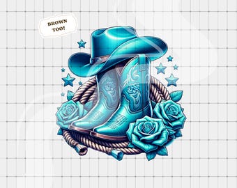 Turquoise Cowboy Boots and Roses PNG, Western Graphic Printable, POD Design, Trendy Clipart, Cowgirl png, Sublimation Design, Western png