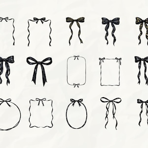 May include: A collection of black bow illustrations in various styles. Some bows are tied to frames, while others stand alone. The bows have different ribbon lengths and some have gold star accents. The background is a textured, off-white color.