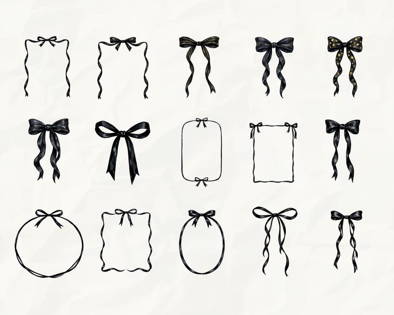 May include: A collection of black bow illustrations in various styles. Some bows are tied to frames, while others stand alone. The bows have different ribbon lengths and some have gold star accents. The background is a textured, off-white color.