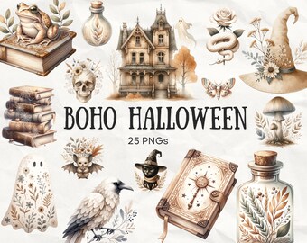 Vintage Boho Halloween PNG Bundle, Spooky Cottagecore Clipart, Neutral Tone Autumn Watercolour Art, Vintage Halloween Junk Journal Graphic