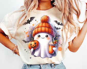 Ghost With Pumpkin Latte PNG, Watercolor Halloween png, Autumn Png, Fall Pumpkin Clip Art, Trick or Treat Ghost Pumpkin Sublimation Png