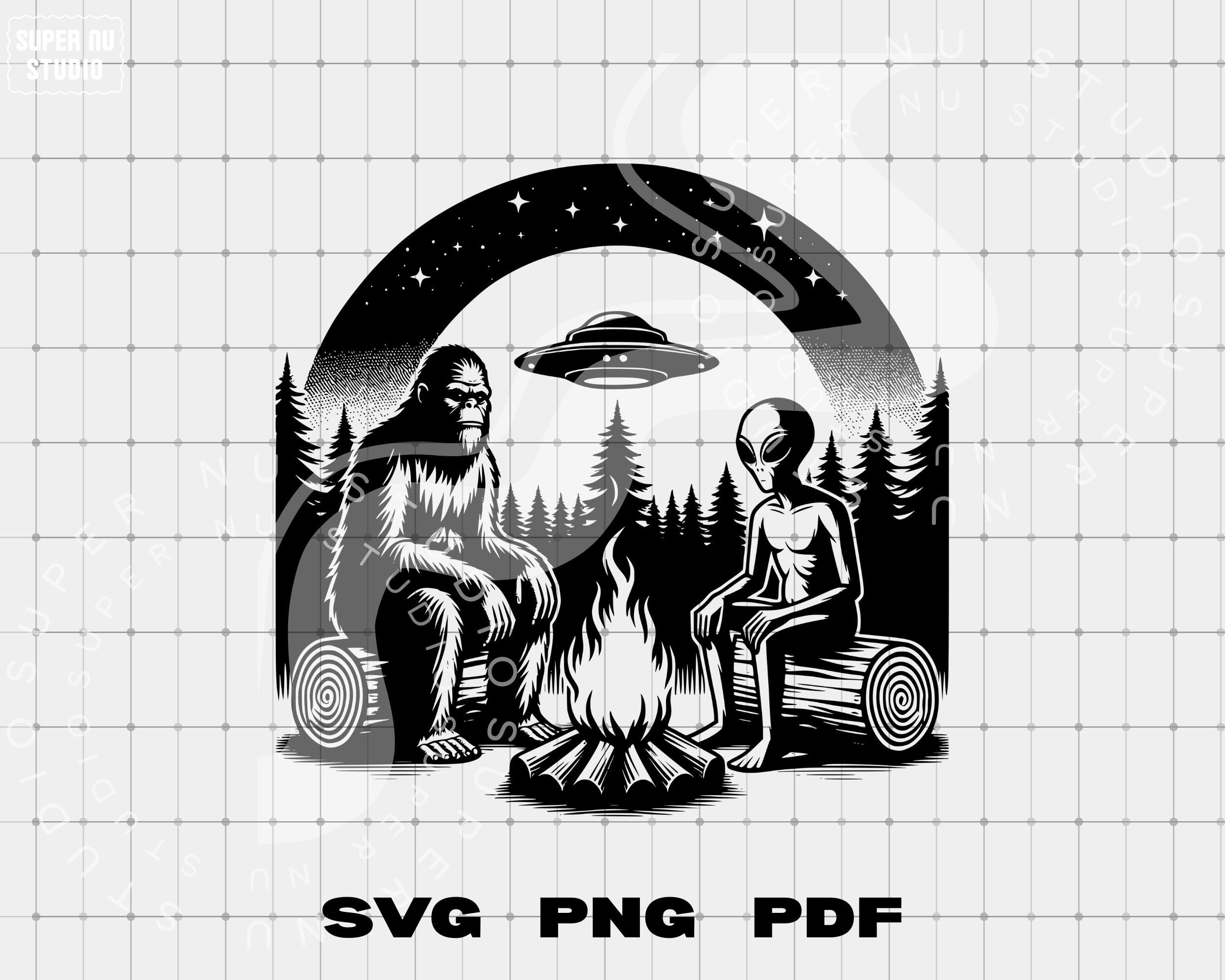 Sasquatch and Alien Campfire SVG, UFO Vector Silhouette Cameo