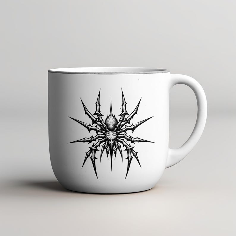 May include: White ceramic mug featuring a detailed black and gray spider design. The spider illustration has sharp, spiky appendages radiating outwards. The mug has a simple, clean design with a white background and a curved handle.