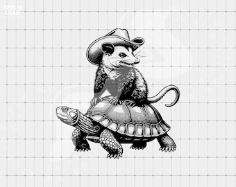 Opossum Riding Turtle PNG, Retro Cowboy Opossum Clip Art, Digital Download, Vintage Western Sublimation, Possum Tortoise Shirt DTF DTG png