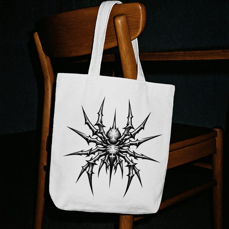 May include: White tote bag featuring a detailed black and gray spider design. The spider has sharp, spiky legs radiating from its body. The bag has a simple, rectangular shape with white handles, and is hanging on a wooden chair.
