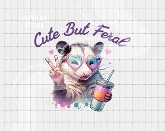 Cute But Feral Opossum PNG, Retro Digital Download, Trendy Clipart, Sublimation png, Funny png, Opossum png, Bougie png, Iced Coffee png