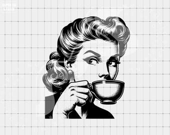 Retro Woman Sipping Tea PNG, Vintage Sublimation Design Trendy Clipart Just Here For The Tea Tumbler Housewife DTF Digital Download png