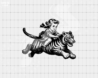 Vintage Girl Riding Tiger PNG, Retro Meme Clip Art, Digital Download, Vintage Tiger png,  Sublimation png, Vintage Illustration Clip Art png