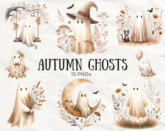 Pacchetto PNG di fantasmi floreali, clipart di Halloween, acquerello di fiori selvatici autunnali, png di fantasmi retrò boho, grafica vintage di Halloween Junk Journal