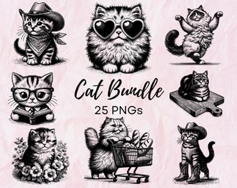 Vintage Cat PNG Bundle, Funny Cat png, Cat Meme png, Vintage Drawing png, Cute Cats png Bundle, Cat Sublimation Designs, Trendy Clip Art